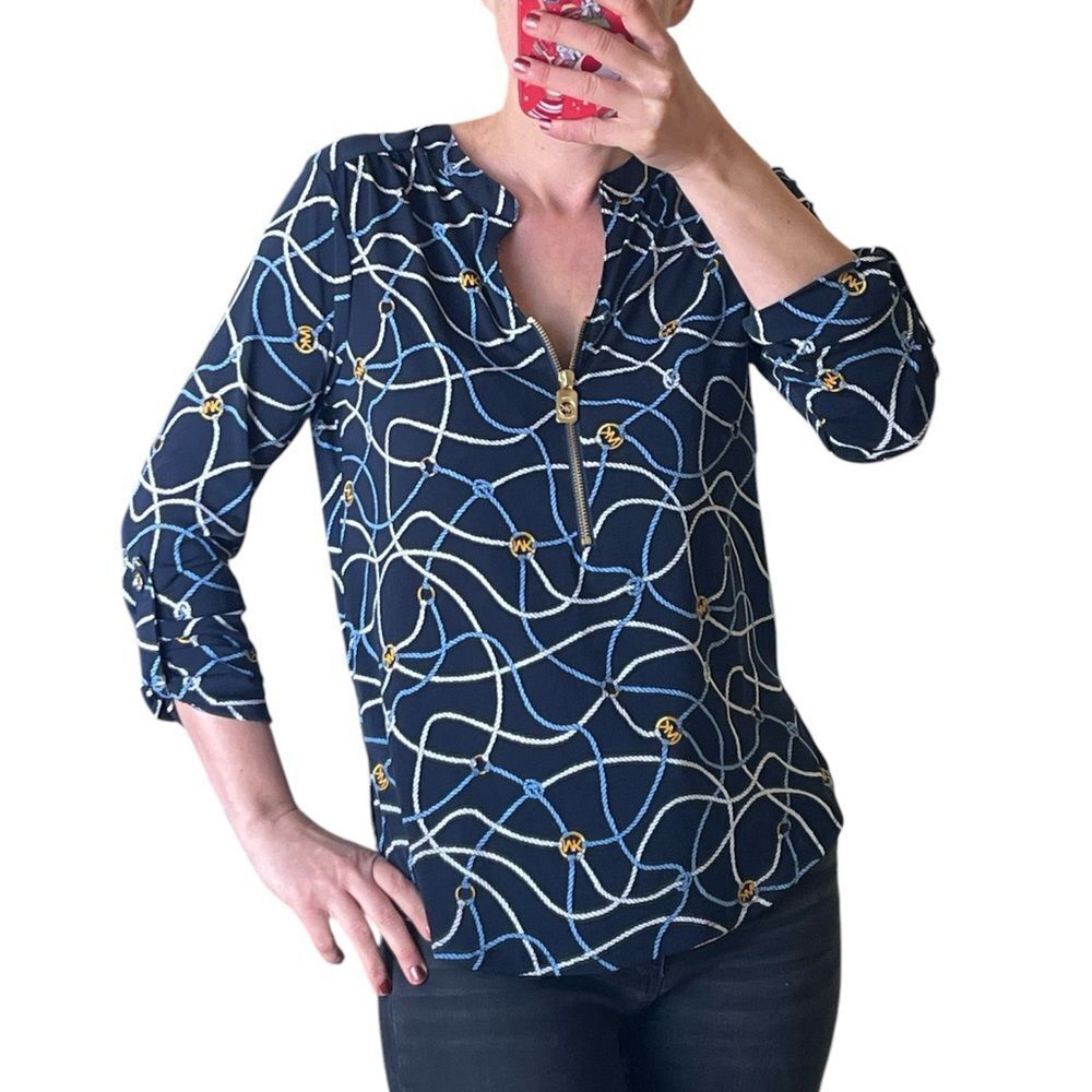 Michael Kors long sleeves hi-lo top MK chain ropes pattern dark blue size Small
